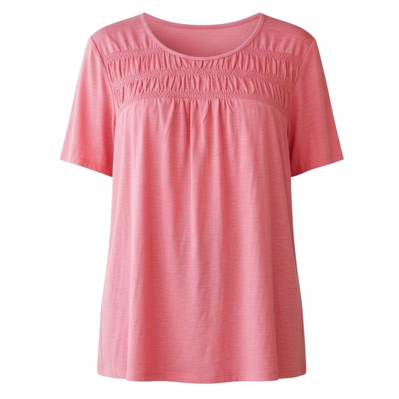 Talbots Petal Pink Smocked Yoke Short Sleeve Knit Top Women’s Large NWT - Picture 9 of 16